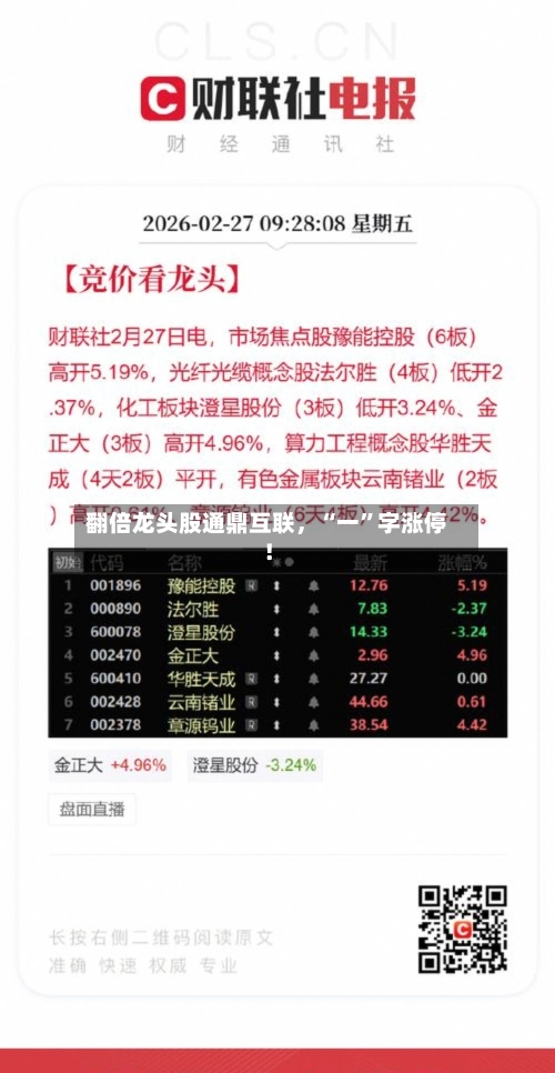 翻倍龙头股通鼎互联，“一”字涨停！